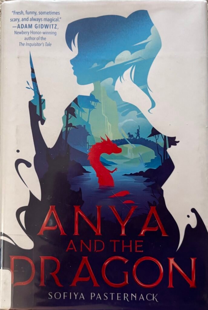 Outline of a young girl holding a spear against a white background. The outline is filled with a nature scene, with trees and a river. Swimming in the river is a bright red dragon.