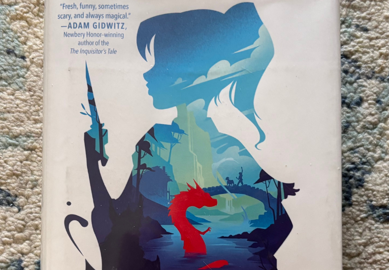 Outline of a young girl holding a spear against a white background. The outline is filled with a nature scene, with trees and a river. Swimming in the river is a bright red dragon.